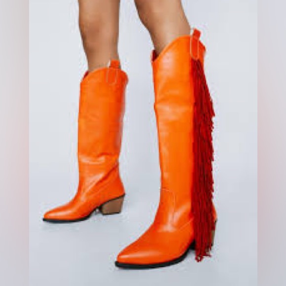 Knee High Faux Leather Tassel Fringe Pointed Toe Cowboy Boots- Orange Size 38 - Picture 5 of 16